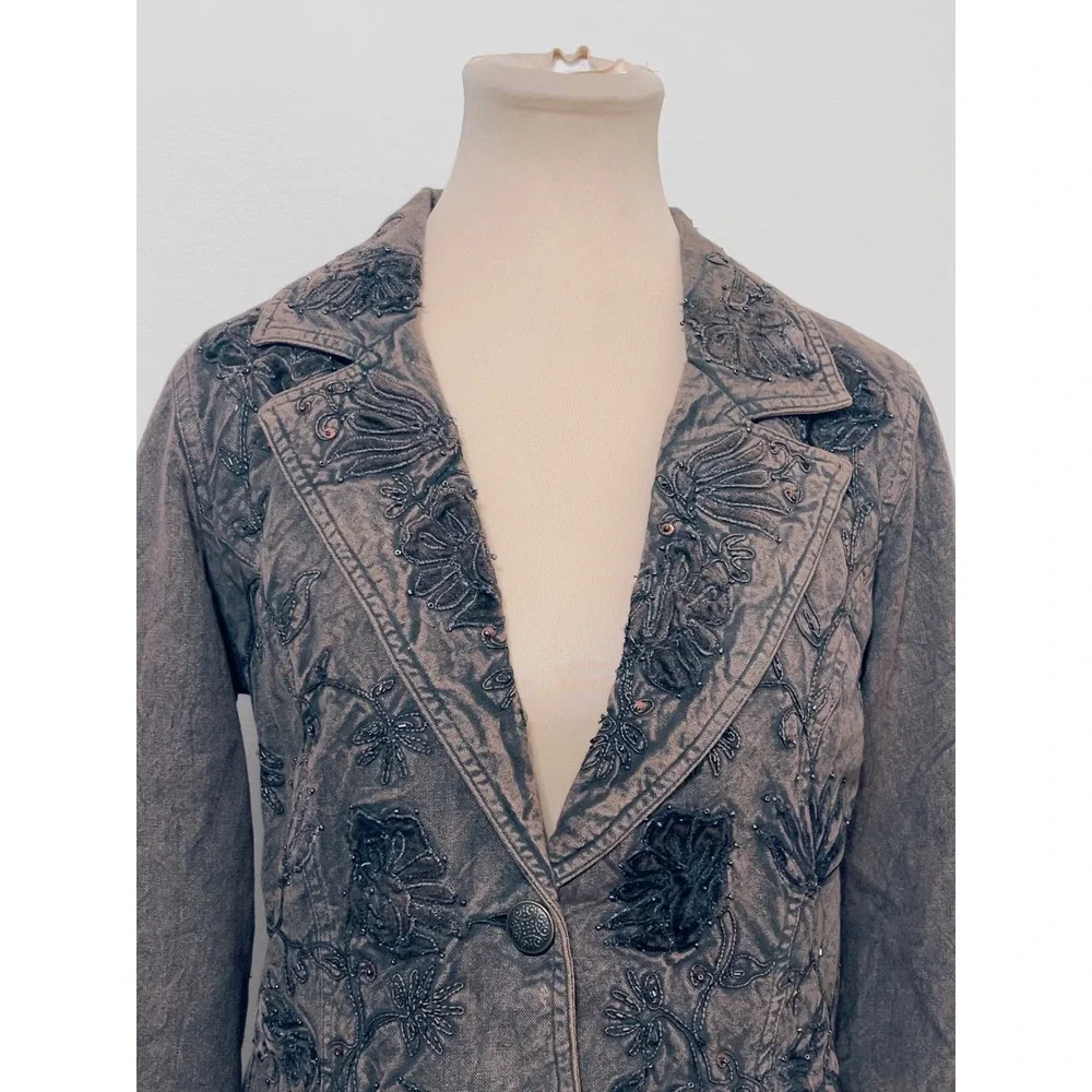Coldwater Creek Womens Blazer 6 Brown Embroidered Beaded Floral Western Whimsy